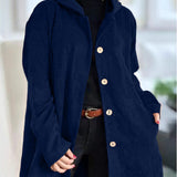 Navy corduroy hooded jacket with button front and side pockets
