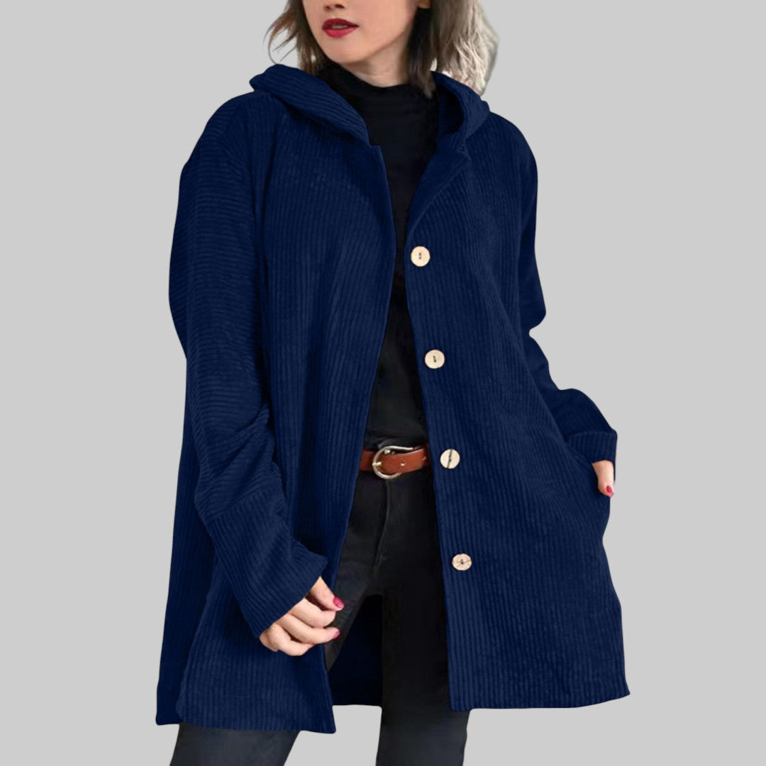 Cordia™ hooded jacket in navy with button front and side pockets