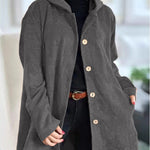 Cordia™ corduroy hooded jacket in dark gray with front buttons and patch pockets