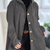 Cordia™ corduroy hooded jacket in dark gray with front buttons and patch pockets