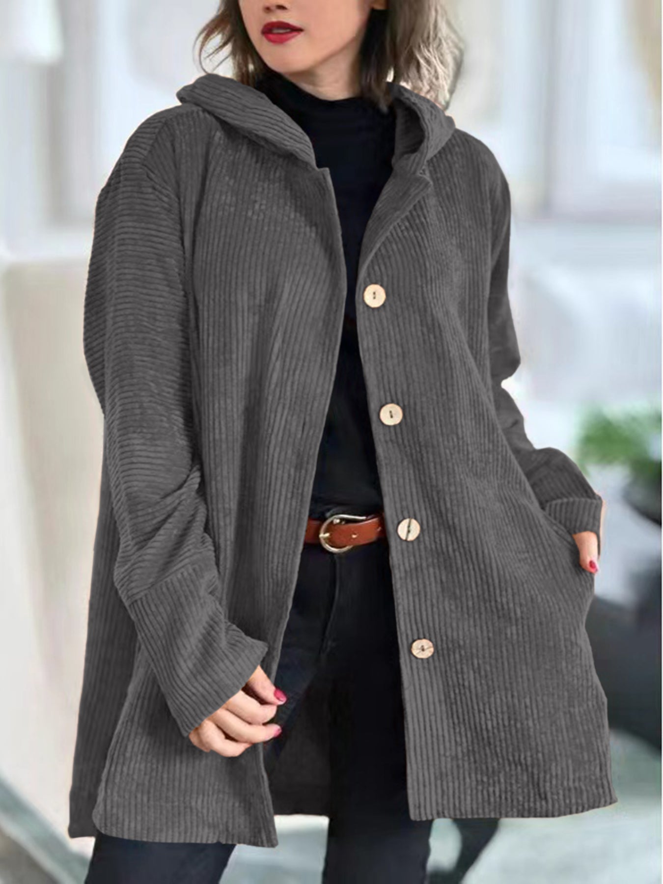 Cordia™ corduroy hooded jacket in dark gray with front buttons and patch pockets