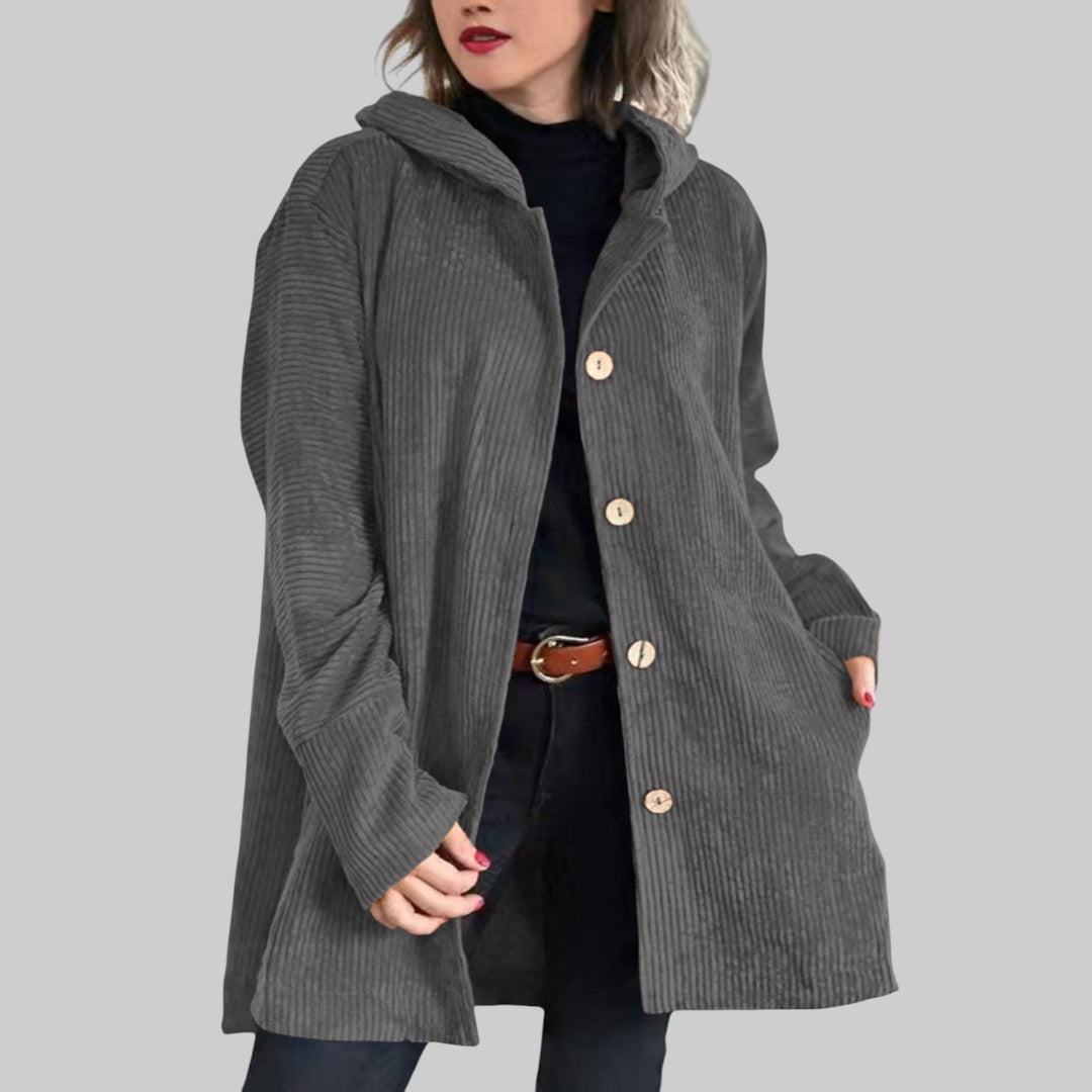 Cordia™ hooded jacket in gray with button front and side pockets