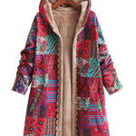 Remi™ patchwork hooded jacket with beige sherpa lining and front button placket