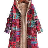 Remi™ patchwork hooded jacket with beige sherpa lining and front button placket