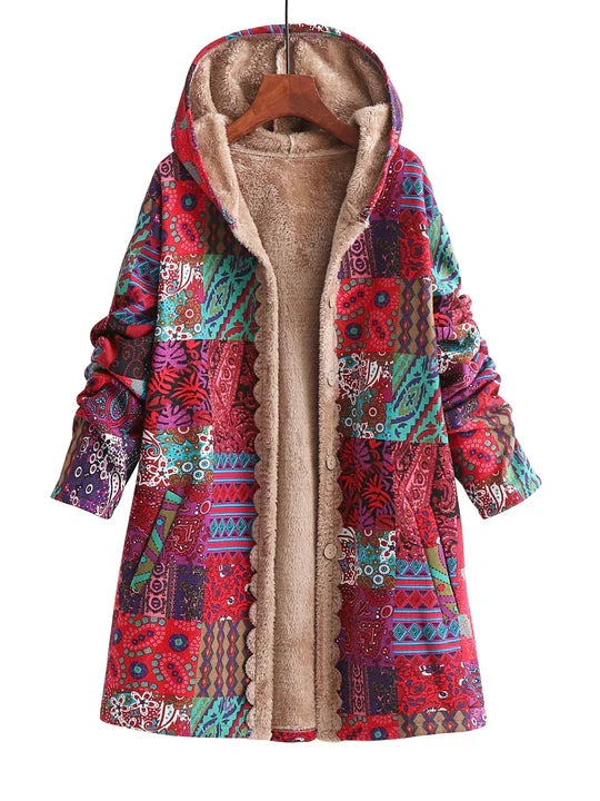 Remi™ patchwork hooded jacket with beige sherpa lining and front button placket