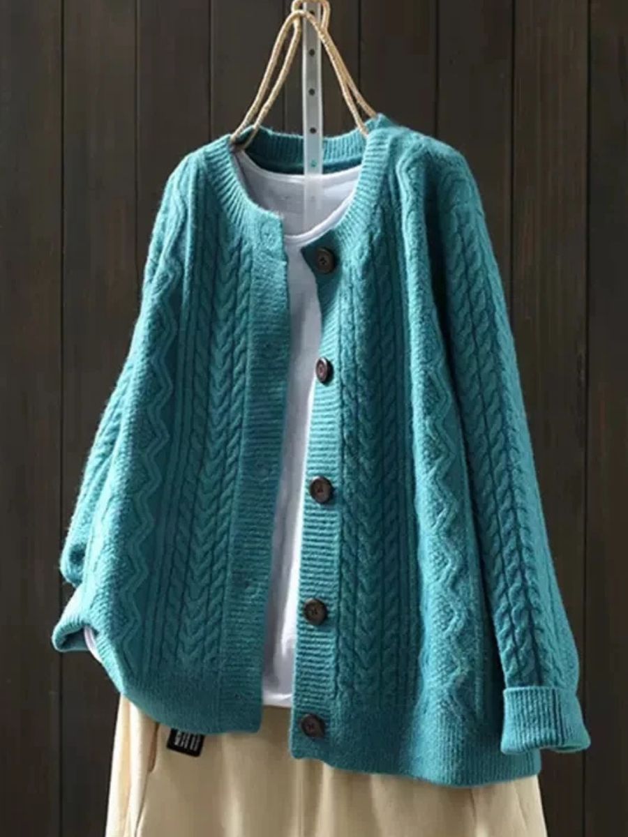 Turquoise cable-knit cardigan with button front and ribbed cuffs