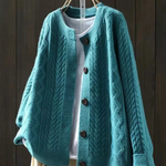 Turquoise cable-knit cardigan with button front and ribbed cuffs