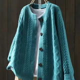 Turquoise cable-knit cardigan with button front and ribbed cuffs