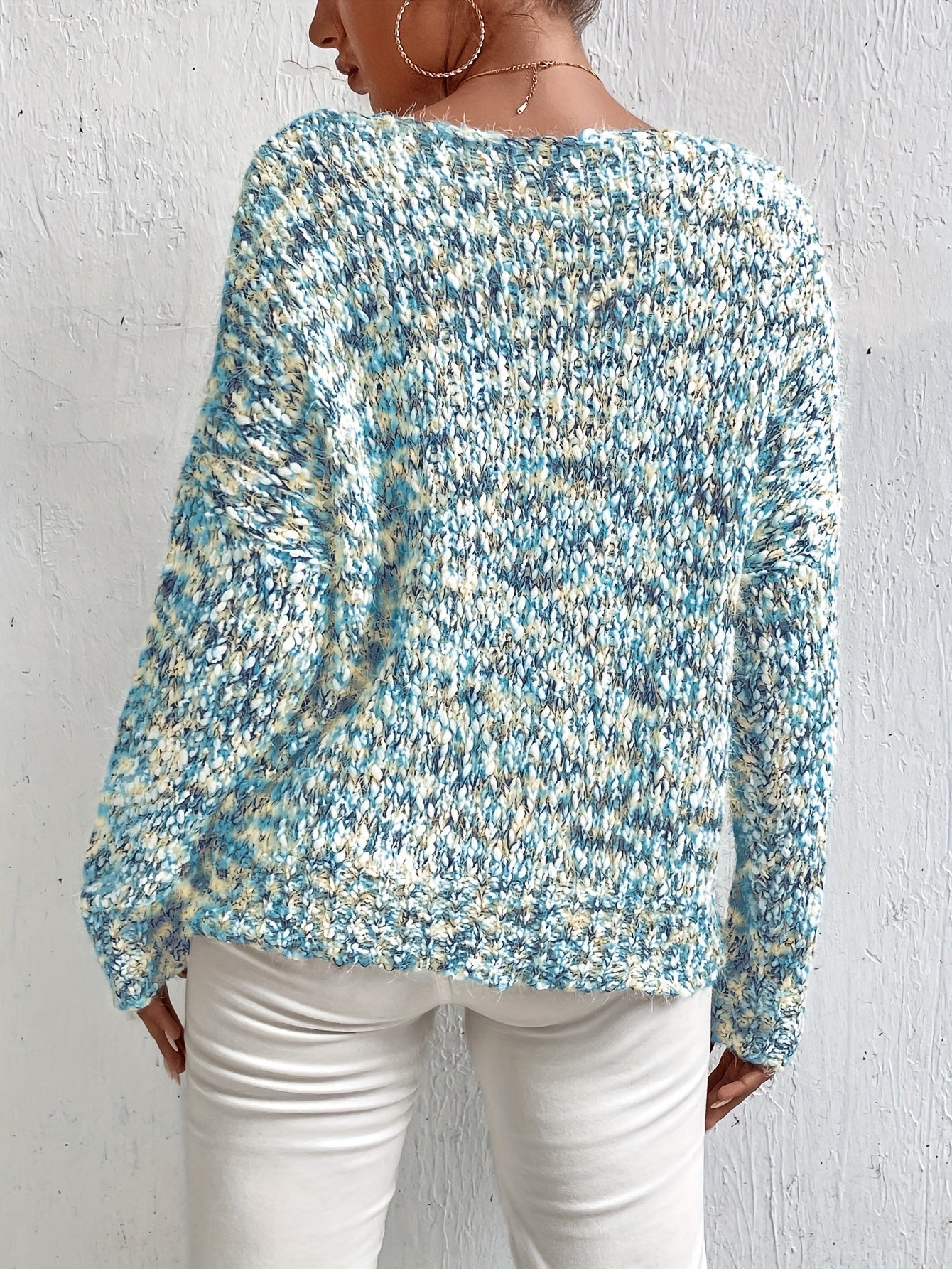 Serina™ speckled long-sleeve pullover sweater, relaxed fit, blue-white knit