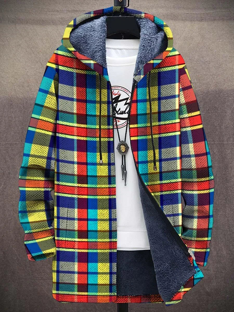 Bright multicolor plaid hoodie cardigan with dark inner hood, front zipper and drawstrings