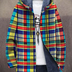 Bright multicolor plaid hoodie cardigan with dark inner hood, front zipper and drawstrings