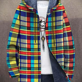 Bright multicolor plaid hoodie cardigan with dark inner hood, front zipper and drawstrings