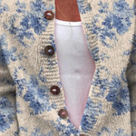 Floral button pullover sweater, cream with blue flower print, long sleeves, brown button front