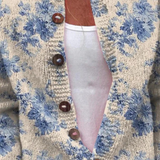 Floral button pullover sweater, cream with blue flower print, long sleeves, brown button front