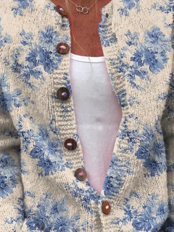 Floral button pullover sweater, cream with blue flower print, long sleeves, brown button front
