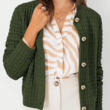 Womens knit cardigan with button front, dark green textured stitch and long sleeves