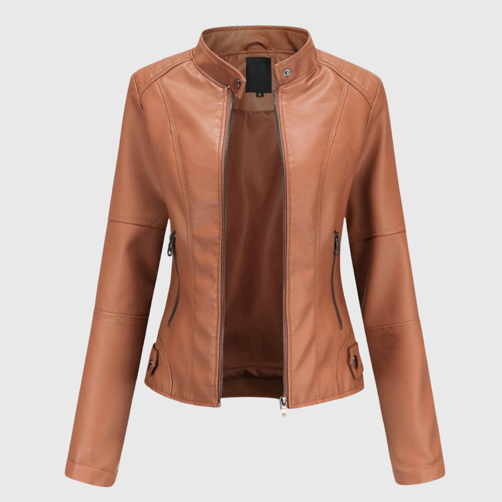 Women's tan leather zip jacket with stand collar and side zipper pockets