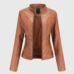 Women's tan leather zip jacket with stand collar and side zipper pockets