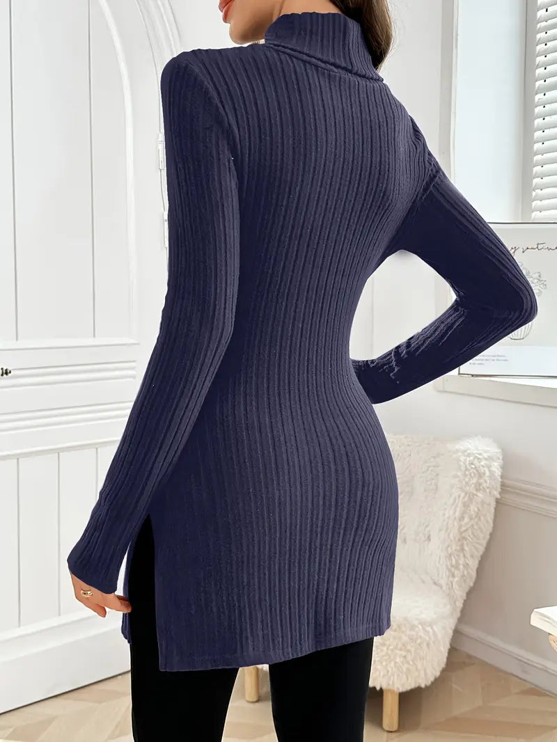 Ribbed knit turtleneck sweater, long sleeves, slim fit, dark navy blue