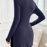 Ribbed knit turtleneck sweater, long sleeves, slim fit, dark navy blue