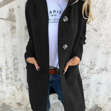 Heidi™ long knit cardigan in black with button front and side pockets, open lapels