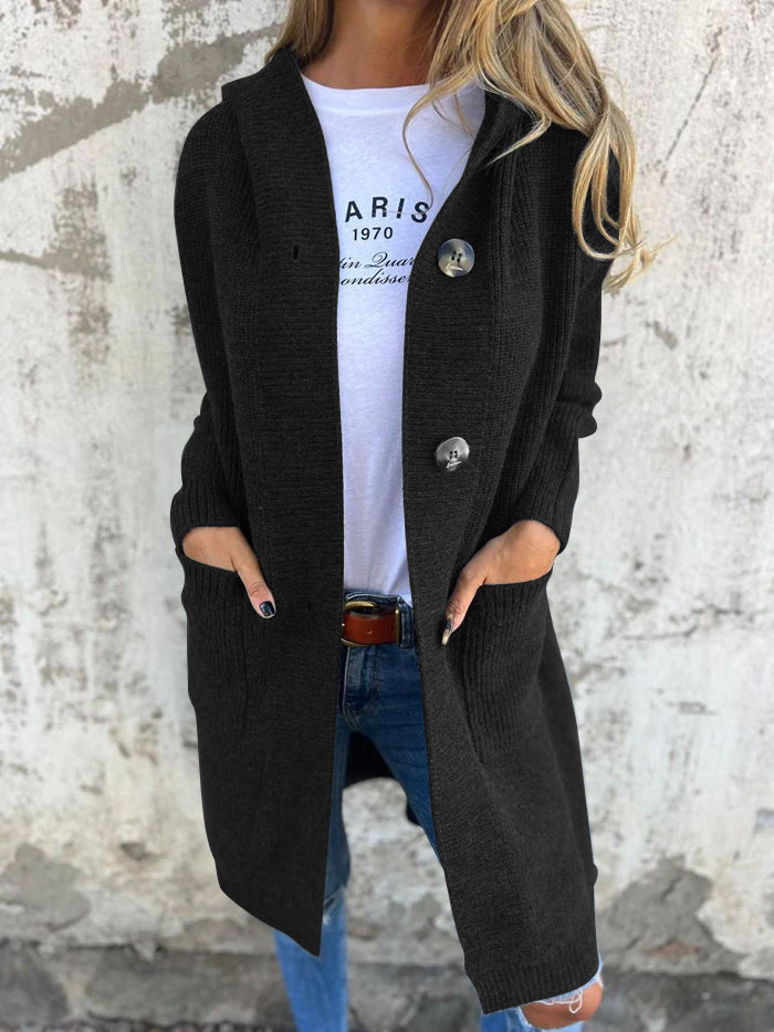 Heidi™ long knit cardigan in black with button front and side pockets, open lapels