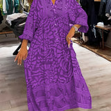 Purple printed V-neck midi dress with 3/4 sleeves and button front