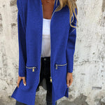 Royal blue hooded zip-front jacket with long sleeves and side zip pockets