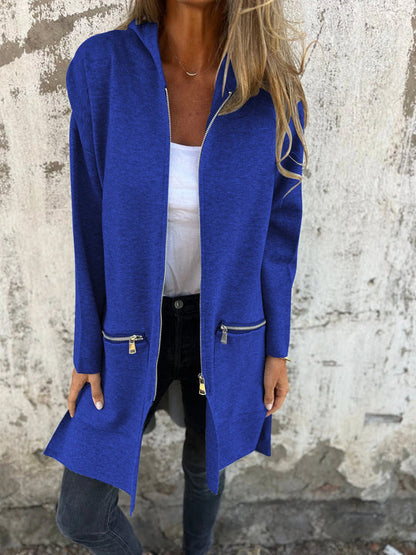 Royal blue hooded zip-front jacket with long sleeves and side zip pockets