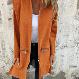 Rust orange hooded zip-front jacket with long sleeves and side zip pockets