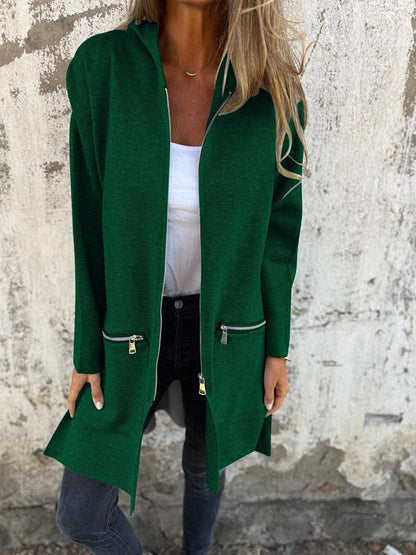 Green hooded zip-front jacket with long sleeves and side zip pockets