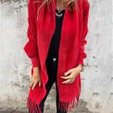 Red long-sleeve wrap cardigan with fringe trim, open front drape and collar
