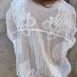White embroidered long-sleeve cardigan with floral lace back yoke and center seam
