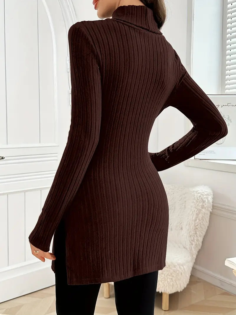 Ribbed knit turtleneck sweater, long sleeves, slim fit, dark brown
