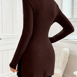 Ribbed knit turtleneck sweater, long sleeves, slim fit, dark brown