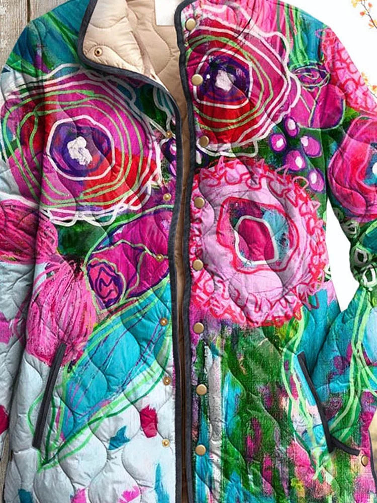 Feminine Charmante floral-pattern puffer jacket, button placket and multicolor fabric
