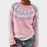 Pink retro knit sweater with crew neck, long sleeves, multicolor abstract pattern