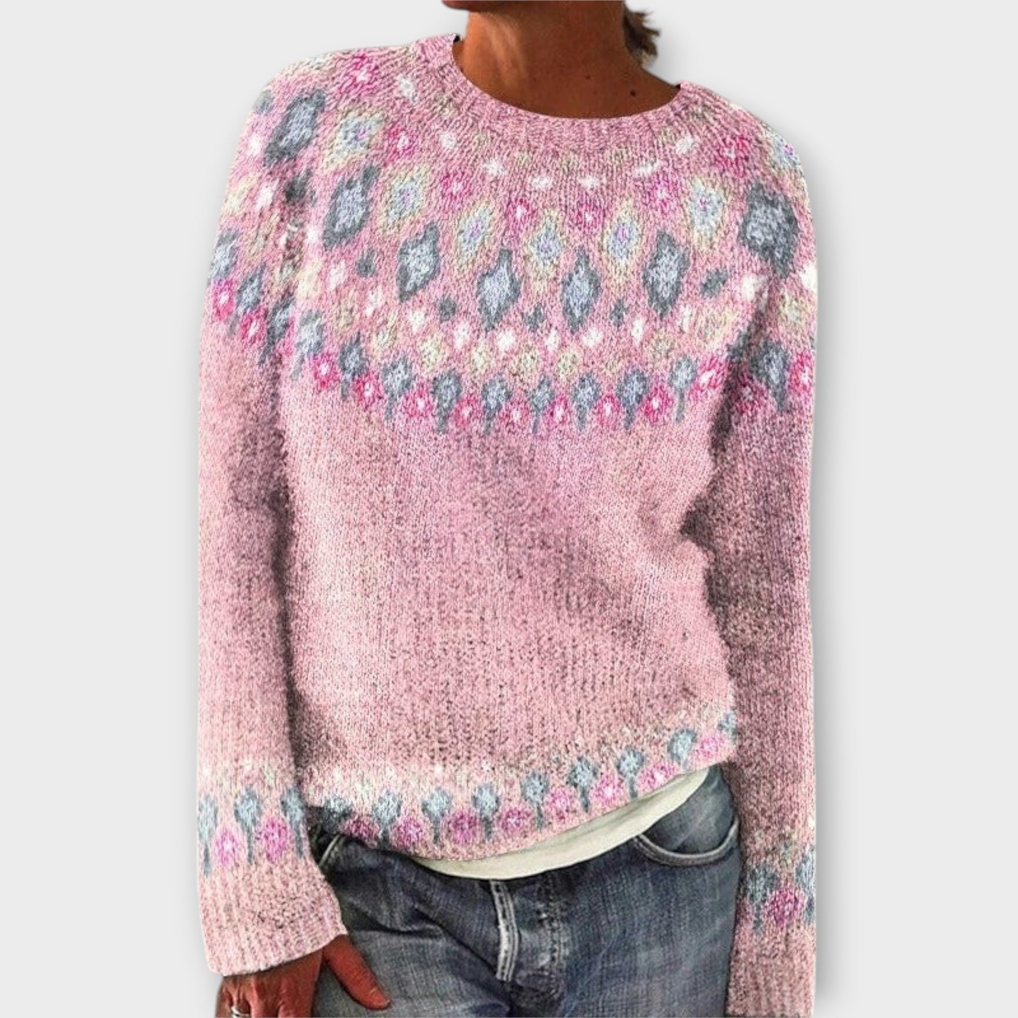 Pink retro knit sweater with crew neck, long sleeves, multicolor abstract pattern