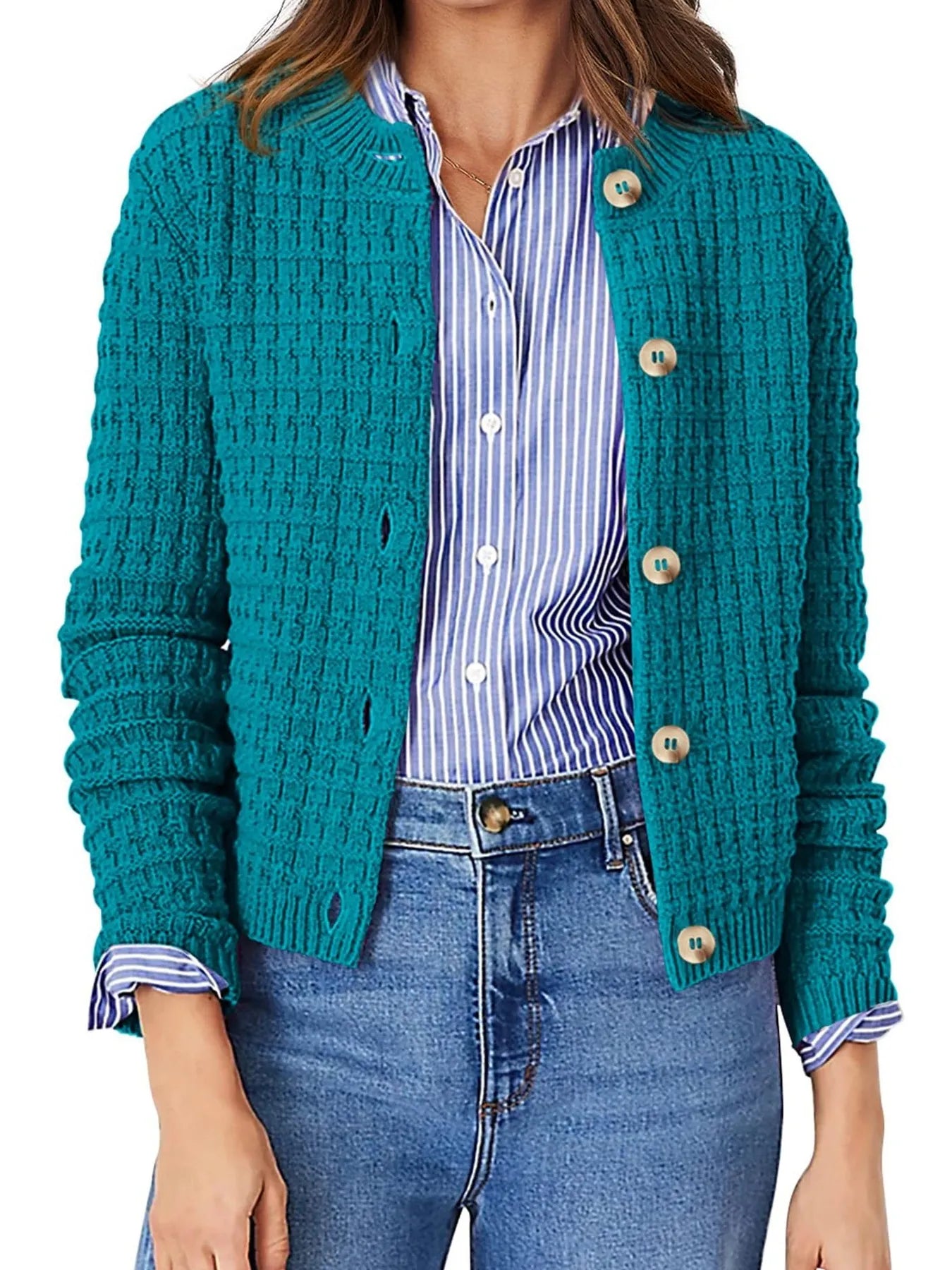 Teal knit cardigan with button front and ribbed cuffs, worn over a striped shirt