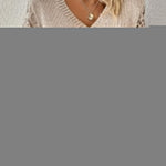 Light beige long-sleeve V-neck knit sweater with openwork lace sleeve panels