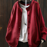 Burgundy textured knit cardigan with ribbed neckline, button front, and long sleeves