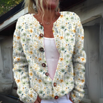 Floral button-front cardigan, white with green and orange flower print