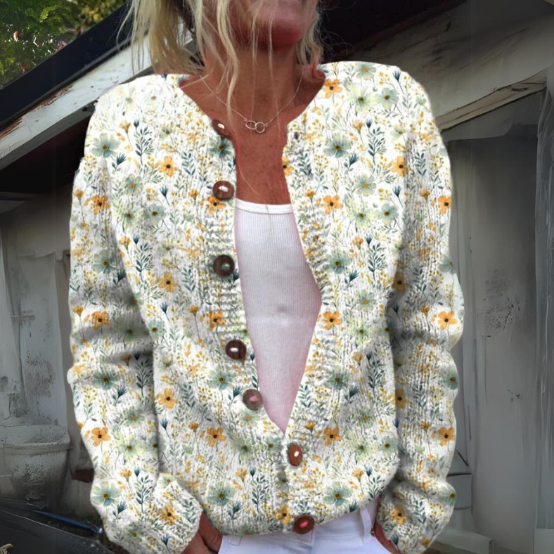 Floral button-front cardigan, white with green and orange flower print