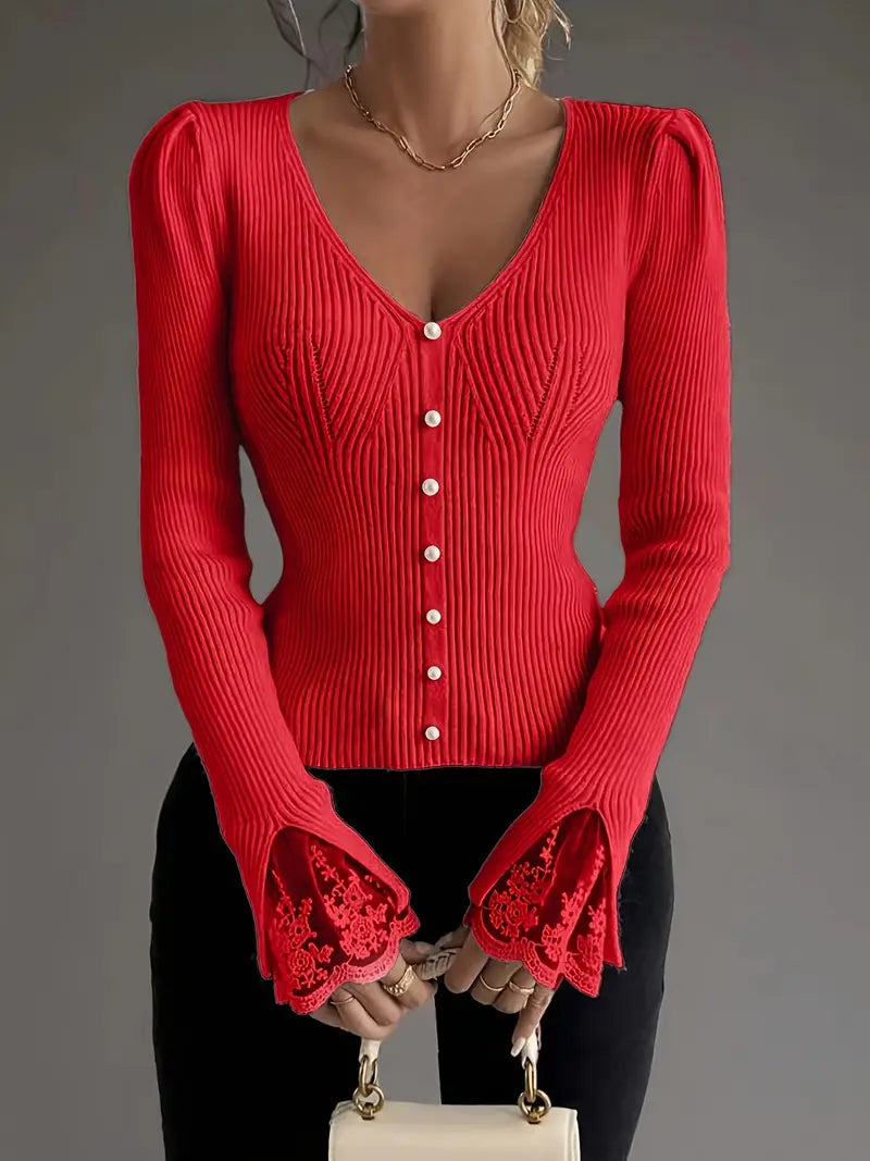 Red ribbed V-neck button top with lace-trim bell cuffs