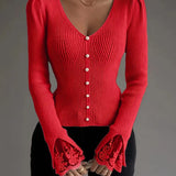 Red ribbed V-neck button top with lace-trim bell cuffs