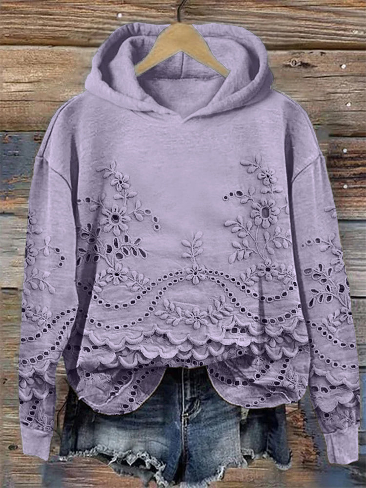 Ravella™ vintage printed hoodie in lavender with floral eyelet detailing