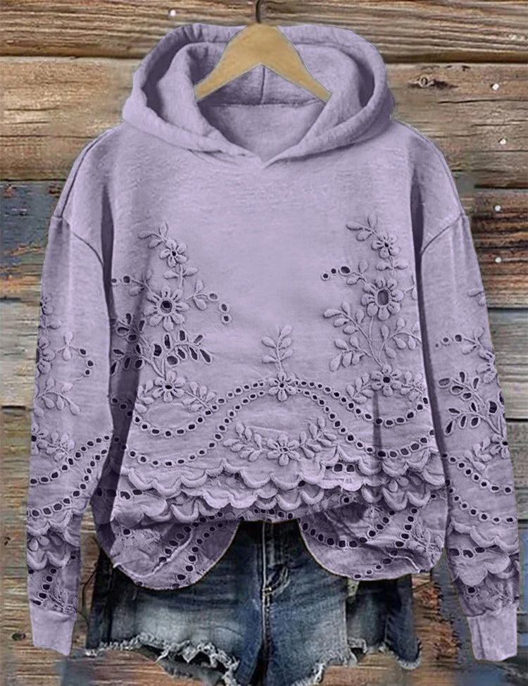 Ravella™ vintage printed hoodie in lavender with floral eyelet detailing