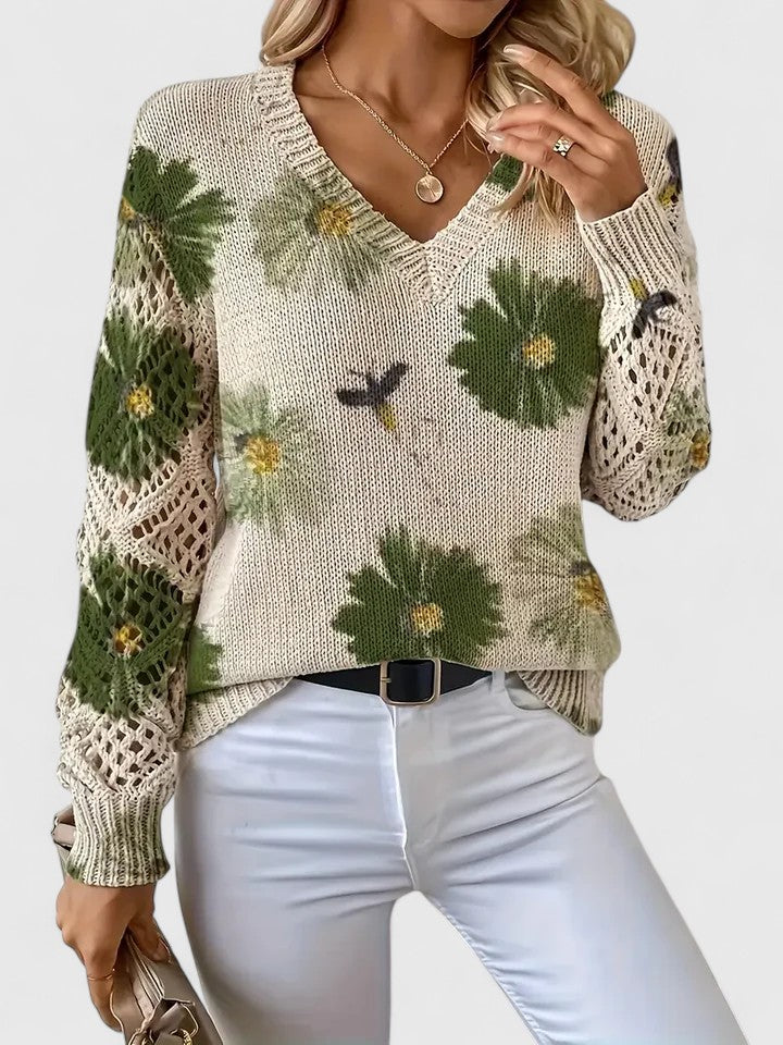 Relaxed floral pullover sweater, cream knit with green floral pattern, V-neck, long sleeves