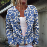 Floral button-front cardigan, blue-and-white leaf print with V-neck