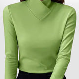 Women’s green roll-neck long-sleeve sweater with a V-shaped collar seam